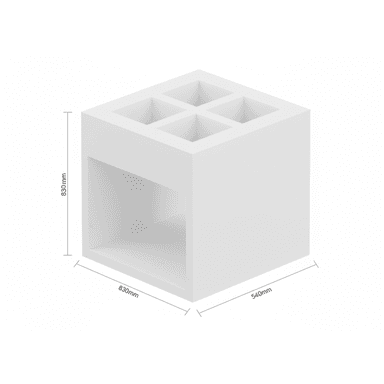 A minimalist, cubic storage unit rendered in a plain white finish, featuring one large open shelf compartment and four smaller square recesses on its top surface. The unit's dimensions are provided as 830mm in height, 830mm in width, and 540mm in depth. — 3D model (AI enhanced source)