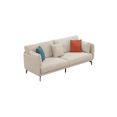 A contemporary two-seater sofa upholstered in light beige fabric, featuring slender black metal legs and gently curved, low-profile armrests. The sofa is furnished with two back cushions, two seat cushions, and three accent pillows in beige, blue, and orange. — 3D model (AI enhanced source)