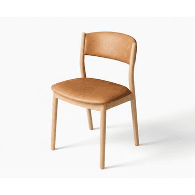 An armless chair featuring a light-toned wooden frame and upholstered seat and backrest in tan leather. The design is minimalist and contemporary, suitable for dining or general seating. — 3D model (AI enhanced source)