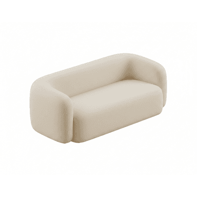 A contemporary loveseat upholstered in off-white bouclé fabric, featuring a distinctive rounded silhouette with integrated arms and backrest, and a concealed base. — 3D model (AI enhanced source)