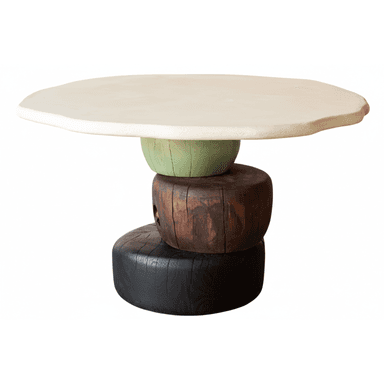 An accent table featuring an irregularly shaped, off-white plaster or concrete top, supported by a sculptural base composed of three stacked, cylindrical wooden blocks in varying colors and textures. The base consists of a light green fluted block, a dark brown natural wood block, and a black-stained, textured wood block at the bottom. — 3D model (AI enhanced source)