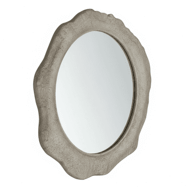 An irregularly shaped wall mirror featuring a heavily textured, organic-looking frame in a light grey or off-white hue. — 3D model (AI enhanced source)