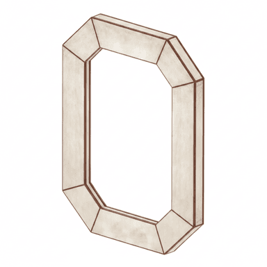 An elongated octagonal wall mirror featuring a multi-faceted frame constructed from individual mirrored glass panels with beveled edges. The reflective surfaces exhibit a warm, champagne or antiqued tint, and the overall design emphasizes geometric form and light refraction. — 3D model (AI enhanced source)