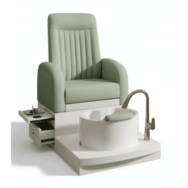 A contemporary pedicure spa chair unit, featuring a sage green upholstered armchair, a white integrated foot bath with a gold-finished faucet, and a pull-out side table with a drawer. The chair has vertical channel tufting on the backrest and rounded armrests. The circular foot bath includes a matching sage green footrest cushion. The entire unit is mounted on a sleek, white base. — 3D model (AI enhanced source)
