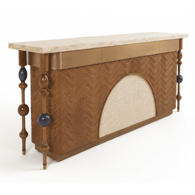 A distinctive postmodern bar cabinet featuring a rectangular marble top, a brass accent band, and a textured wooden facade. The front panel is carved with a wave-like pattern, and an arched inset upholstered in light fabric adds a contrasting element. The cabinet is supported by four ornate turned wooden legs, each adorned with colorful spherical accents in red and blue. The overall design suggests a blend of Art Deco and postmodern aesthetics. — 3D model (AI enhanced source)