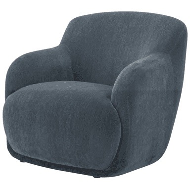 A fully upholstered lounge chair featuring soft, rounded contours and a low-profile design. The chair is covered in a dark gray, textured fabric, likely a durable weave or chenille, presenting a modern aesthetic. It lacks visible legs, suggesting a concealed base. — 3D model (AI enhanced source)