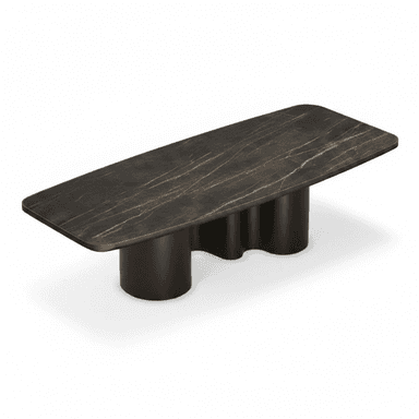 A rectangular coffee table with rounded corners, featuring a dark marble top with subtle white and gold veining. The base consists of two distinct, dark-colored cylindrical supports with a wave-like connection between them, giving a sculptural appearance. — 3D model (AI enhanced source)