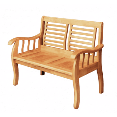 A natural light-colored wooden two-seater bench featuring a slatted backrest and seat, with gently curved armrests and legs. — 3D model (AI enhanced source)