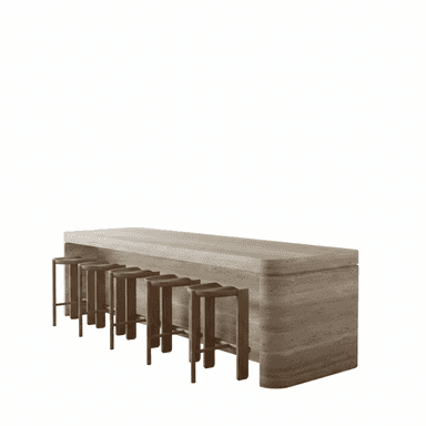 A long, rectangular bar height table constructed from natural travertine stone, paired with six minimalist wooden stools. The table features thick, rounded edges and visible stone veining, while the stools have a simple, sturdy design with integrated footrests. — 3D model (AI enhanced source)