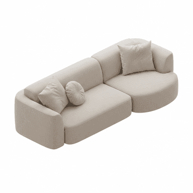 A modular sectional sofa with a curved chaise lounge on the right and a straight section on the left. It features a low profile, rounded arms and base, and is upholstered in a light beige fabric. The sofa is accompanied by three decorative pillows: one square in the same fabric as the sofa, one rectangular, and one round, both also in a similar light beige fabric. — 3D model (AI enhanced source)