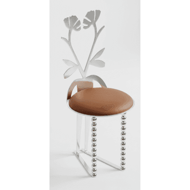 A striking stool crafted from polished silver-toned metal, featuring a circular, padded brown faux leather seat. The backrest is intricately designed in a stylized floral motif, cut from the same metal. The legs are distinctive, incorporating vertical rows of spherical metal embellishments, giving the piece a unique ornamental appearance. — 3D model (AI enhanced source)
