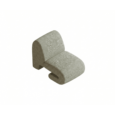 A light gray-green monolithic lounge chair featuring a continuous, sculptural form, appearing to be crafted from a textured, possibly stone-like or composite material. It lacks traditional legs, with the seat and backrest forming a single, flowing structure. — 3D model (AI enhanced source)