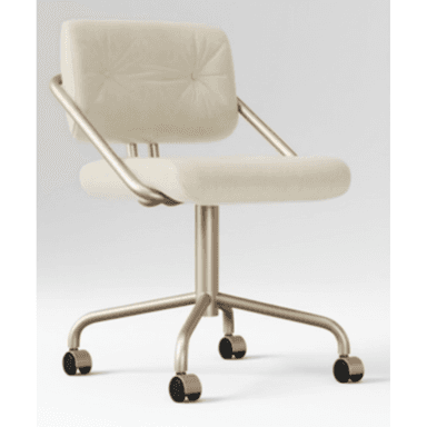A modern swivel desk chair featuring a padded cream-colored seat and backrest, supported by a gold-finished metal frame. The backrest is lightly tufted with two buttons. The chair has fixed armrests integrated into the frame and a five-star base with casters for mobility. The design is sleek and contemporary. — 3D model (AI enhanced source)