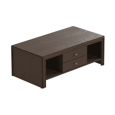 A rectangular media console crafted from dark-stained wood, featuring two central drawers with round brass-tone knobs, flanked by open storage compartments. The unit exhibits a prominent wood grain texture and sits on a recessed base. — 3D model (AI enhanced source)