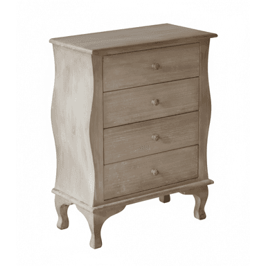 A light-colored, distressed wood chest of drawers featuring a bombe-style silhouette with curved sides. It has four graduated drawers, each fitted with a single ornate knob. The chest stands on four cabriole legs, connected by a scalloped apron. The finish is a washed or limed wood, highlighting the grain and giving it an antique, weathered appearance. — 3D model (AI enhanced source)