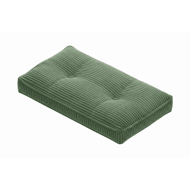 A rectangular green corduroy cushion, featuring a tufted surface on its top face and piped edges. The fabric has distinct vertical ribs characteristic of corduroy. The cushion appears plush and well-filled, suggesting comfort and durability. — 3D model (AI enhanced source)