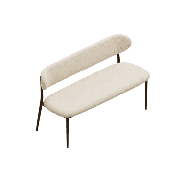 A modern upholstered bench featuring a dark brown metal frame, light beige textured fabric upholstery, and a distinctive rounded backrest cushion. — 3D model (AI enhanced source)