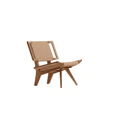 A low-profile lounge chair featuring a light-toned wooden frame and a seat and backrest crafted from woven paper cord. The design is characterized by its relaxed recline and splayed, angled legs, typical of Mid-Century Modern and Danish design aesthetics. The chair appears to be in excellent condition. — 3D model (AI enhanced source)