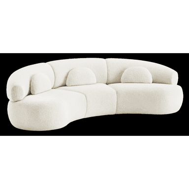 A contemporary curved sectional sofa upholstered in a cream-colored boucle fabric, featuring a low-profile design with multiple rounded, organic modules and integrated semi-circular back cushions. — 3D model (AI enhanced source)