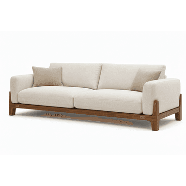 A contemporary two-seater sofa featuring light beige fabric upholstery and a prominent exposed dark wood frame. The sofa includes two back cushions, two seat cushions, and two smaller throw pillows. The design is minimalist with clean lines and padded armrests. — 3D model (AI enhanced source)
