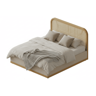 A modern platform bed featuring a light natural wood frame, a rounded headboard with cane webbing, and an upholstered bed base in a light beige fabric. The bed is shown with light-colored bedding and a grey knitted throw. — 3D model (AI enhanced source)