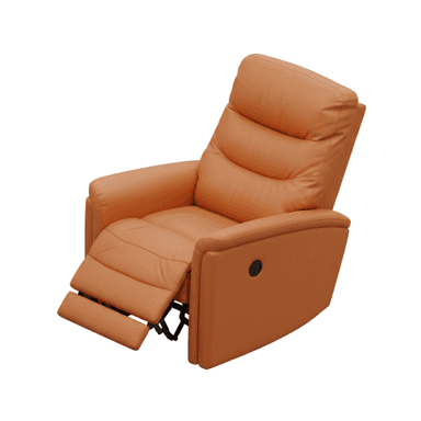A modern recliner armchair upholstered in a warm tan or caramel-colored leather. The chair features a plush, segmented backrest with a prominent headrest and lumbar support, integrated armrests, and an extendable footrest. A circular control button on the right armrest indicates a powered reclining mechanism. The overall design emphasizes comfort and contemporary aesthetics. — 3D model (AI enhanced source)