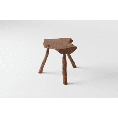 A rustic three-legged stool with an irregular, organic-shaped seat. The seat appears to be made from a single piece of wood with a natural edge. The legs are rough, unfinished branches, joined directly to the underside of the seat. — 3D model (AI enhanced source)