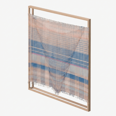 A minimalist room divider featuring a rectangular frame constructed from light-toned wood, supporting a semi-translucent woven textile panel. The textile exhibits a plaid pattern in shades of beige, blue, and pink, with finer lines in grey and darker blue. The fabric is draped over a single horizontal rod at the top and hangs loosely, revealing fringed edges at the bottom. The overall design emphasizes simplicity and texture. — 3D model (AI enhanced source)