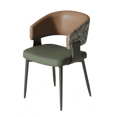 A contemporary armchair featuring a rounded barrel-back design and a cushioned seat. The interior of the backrest is upholstered in a smooth, light brown material, while the exterior features a patterned fabric in shades of grey and black. The seat cushion is upholstered in a solid olive green material. The chair is supported by four slender, tapered dark metal legs that extend upwards to form a partial frame for the backrest. — 3D model (AI enhanced source)