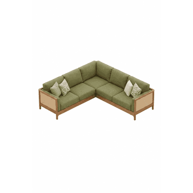 An L-shaped sectional sofa with a modern aesthetic, featuring an exposed light wood frame with cane webbing details on the back and sides. It is upholstered with olive green fabric cushions for both seating and backrests, and includes several decorative throw pillows. The sofa has a low-profile design and consists of multiple modular units forming a corner arrangement. — 3D model (AI enhanced source)