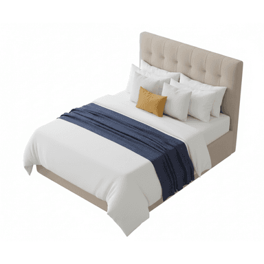 A modern upholstered platform bed featuring a channel-tufted headboard, presented with neutral-toned fabric. — 3D model (AI enhanced source)