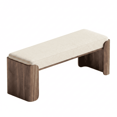 A modern upholstered bench featuring a rectangular, cream-colored fabric cushion supported by a dark, rich wood frame. The frame forms solid, curved legs at each end, creating a clean, minimalist aesthetic with a waterfall edge design. — 3D model (AI enhanced source)