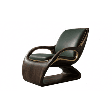 A stylish lounge chair featuring a continuous, curved bentwood frame with a dark brown, rich wood grain finish. The chair includes a dark green upholstered seat and back cushion, complemented by polished brass accents that outline the cushions and inner armrests. Its design has a distinct Art Deco influence with a modern silhouette. — 3D model (AI enhanced source)