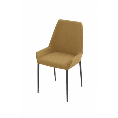 A contemporary dining chair featuring full mustard-yellow fabric upholstery and slender, tapered black metal legs, with integrated armrests. — 3D model (AI enhanced source)