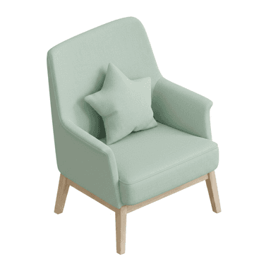 A contemporary armchair upholstered in a mint green fabric, featuring a rounded backrest, integrated armrests, and splayed natural wood legs. A matching star-shaped throw pillow is included. — 3D model (AI enhanced source)