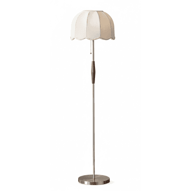 A tall, slender floor lamp featuring a brushed metal base and stem, accented with a cylindrical wooden element, and topped with a bell-shaped, scalloped white fabric shade. — 3D model (AI enhanced source)
