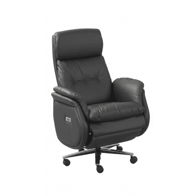 A contemporary dark gray power recliner chair featuring plush, segmented cushioning upholstered in what appears to be leather or high-quality faux leather. It has a high back with an integrated headrest, padded armrests, and a five-star chrome-finished swivel base with casters, suggesting both mobility and reclining functionality. A control panel for power recline is visible on the right side. — 3D model (AI enhanced source)