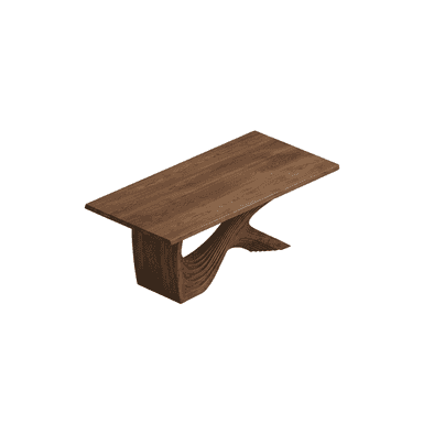 A rectangular wooden table featuring a unique, sculptural base with a wave-like carved design and a natural dark wood grain finish. — 3D model (AI enhanced source)
