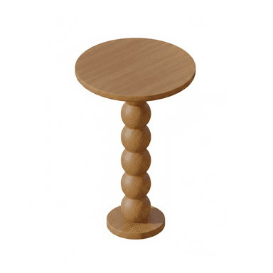 A minimalist, contemporary accent table crafted from natural light-toned wood. It features a round tabletop supported by a distinctive central pedestal column composed of five stacked spherical or 'beaded' segments, resting on a round, flat base. — 3D model (AI enhanced source)
