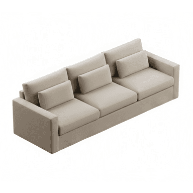 A three-seater sofa with clean lines and square armrests. It features a padded seat and back cushions, with additional lumbar support cushions. The upholstery appears to be a textured fabric. — 3D model (AI enhanced source)