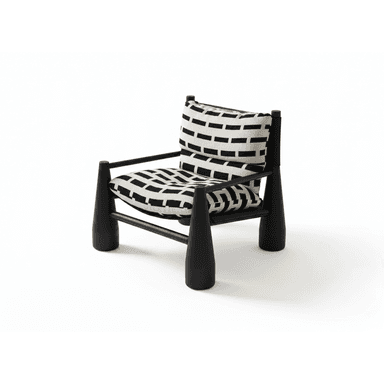 A contemporary armchair featuring a black lacquered wooden frame with sculptural, conical legs and armrest supports, fitted with two removable cushions upholstered in a high-contrast black and off-white geometric pattern. — 3D model (AI enhanced source)