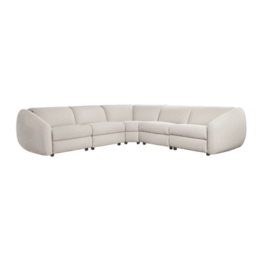 A large, light beige modular sectional sofa featuring a curved configuration and rounded end sections. The sofa is upholstered in a textured fabric and rests on low-profile black feet, suggesting a contemporary and adaptable seating solution. — 3D model (AI enhanced source)