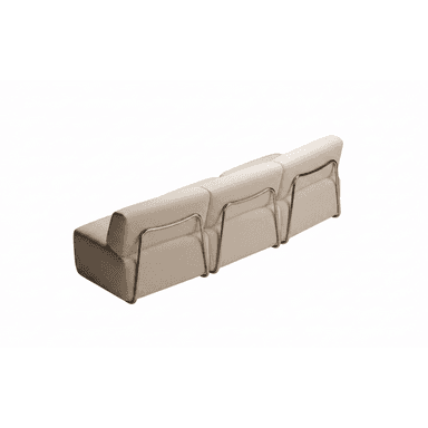 A contemporary three-seater sofa featuring a light-colored fabric upholstery and a distinctive exposed tubular metal frame that supports the backrest and forms the legs. — 3D model (AI enhanced source)