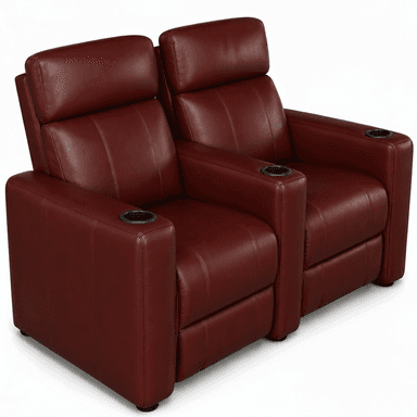 A modern two-seat reclining sofa, upholstered in dark red leather, with built-in cupholders in each armrest. The backrests appear plush and adjustable for individual comfort. — 3D model (AI enhanced source)