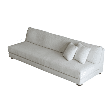 A modern, armless upholstered sofa in a light, textured fabric, featuring a low backrest and two matching throw pillows, supported by minimal wooden feet. — 3D model (AI enhanced source)