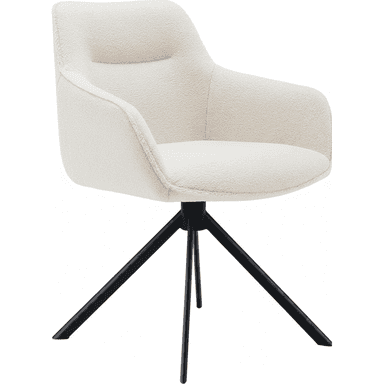 An off-white boucle upholstered swivel armchair featuring a contoured seat and back with integrated armrests, supported by a black metal four-star splayed base. — 3D model (AI enhanced source)