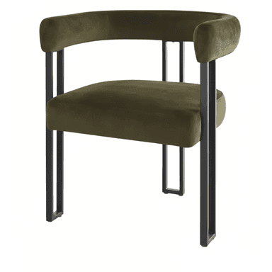A contemporary armchair featuring olive green velvet upholstery and a black metal frame. The chair has a curved backrest that seamlessly integrates into the armrests, and a padded seat. The legs are constructed from square-profile metal tubing, creating an open, architectural base. — 3D model (AI enhanced source)
