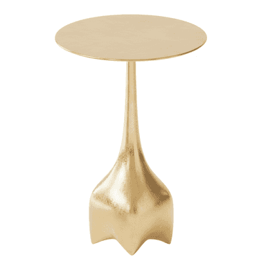 A striking gold-finished metal table featuring a circular top, a slender, tapered stem, and a distinctive sculptural base with a fluted, organic form. The entire piece has a lustrous, hammered-like texture, suggesting artisanal craftsmanship and a luxurious aesthetic. — 3D model (AI enhanced source)
