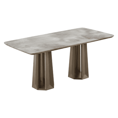 A modern rectangular dining table featuring a grey tabletop with a distinctive stone or concrete appearance, supported by two robust, sculptural pedestal bases with faceted, geometric designs in a metallic bronze or dark brown finish. The table presents a contemporary aesthetic, combining durable materials with architectural design. — 3D model (AI enhanced source)