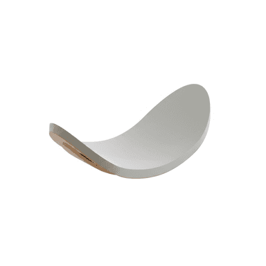 A modern, curved shelf with a light gray finish on the top and an exposed natural wood edge. The shelf appears to be made of a composite material, possibly wood or MDF, with a veneer or painted surface. — 3D model (AI enhanced source)